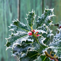 Frosted holly leaves with red berries. Close-up view of holly sprigs covered in a thick layer of frost, showcasing the intricate details of the prickly leaves and vibrant red berries