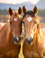 Obraz premium Two light brown horses facing forward in a field at sunrise or sunset