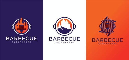Barbecue logo design with combination of pork and grill fire along with shoes.