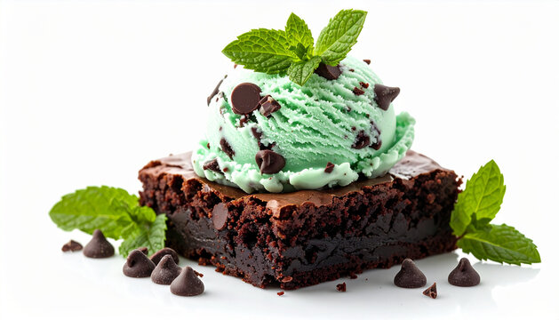 Mint chocolate chip ice cream on a fudgy brownie, white background. AI - Powered by Adobe