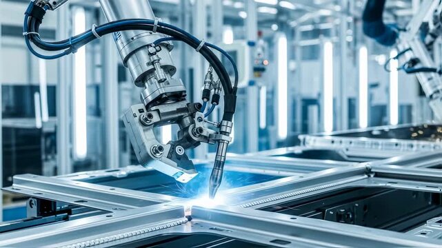 Robotic arm welding metal with sparks flying in modern smart factory, industrial manufacturing automation and precision engineering footage.