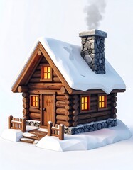 Cozy log cabin in snow.  Warm lights, smoke