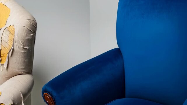 Restoring an old armchair by reupholstering it with new blue fabric, showcasing furniture refurbishment process footage.
