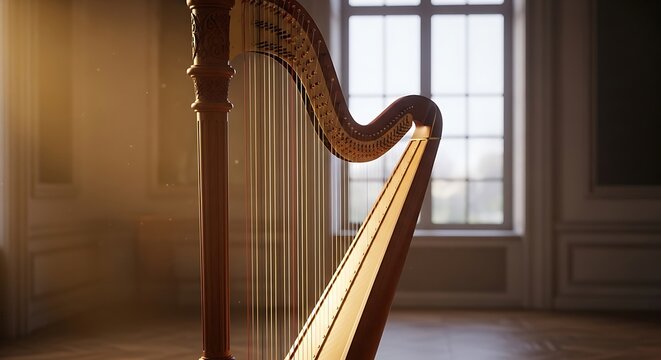 Elegant Harp in a Sunlit Room.