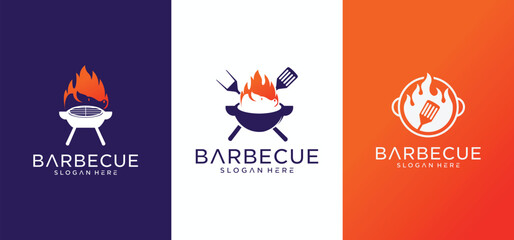 Barbecue logo design with combination of pork and grill fire along with shoes.