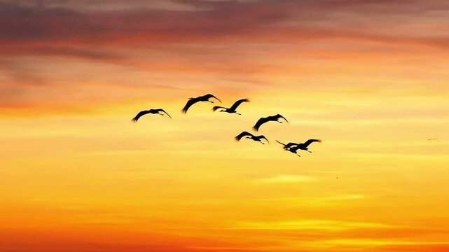 Cranes Flying Across Sunset Sky in Synchronized Motion 8K