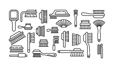 Illustration of various cleaning brushes and dusters in a line art style on white background silhouette © Hajira