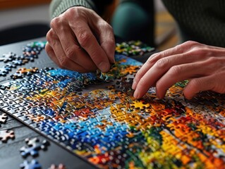 Adult Hands Assembling a Colorful Jigsaw Puzzle on a Table, Highlighting Focus, Patience, and a Relaxing Hobby