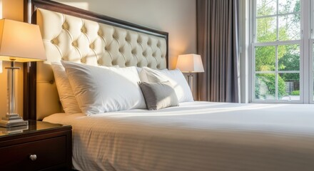 Elegant bedroom with plush headboard and natural light from large window