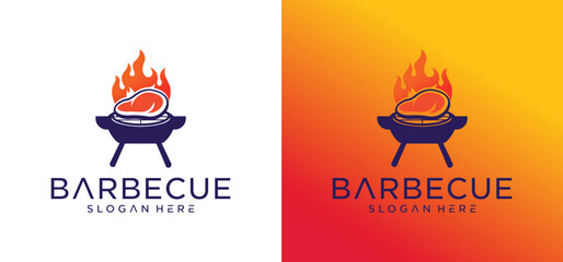 Barbecue logo design with combination of pork and grill fire along with shoes.