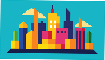 Obraz premium Vector art of vibrant cityscape illustration with colorful buildings, skyscrapers, and clouds against a blue sky, vector design