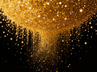 Golden glitter and stars cascade against a black background