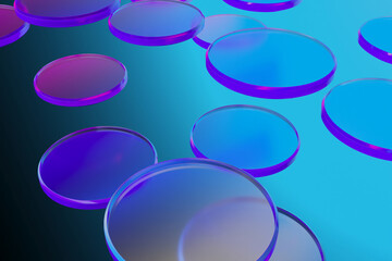 Vibrant abstract composition with colorful glass discs against a blue background. 3d render