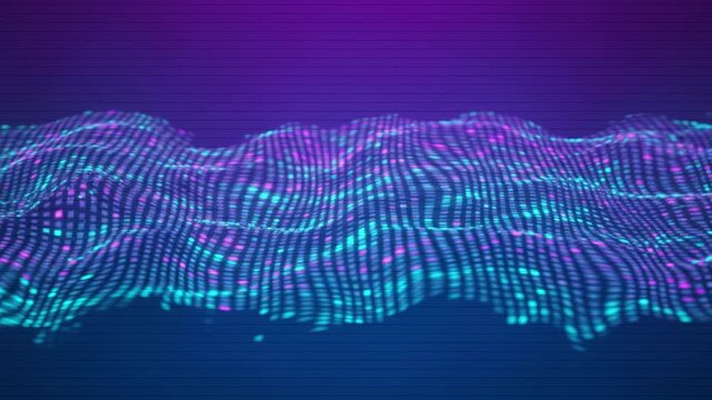 Vibrant purple and blue luminous waves forming a mesh-like surface.