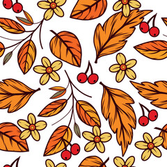 Seamless vector pattern of autumn leaves, berries, yellow flowers. All objects are hand-drawn in vector. The illustration is suitable for printing on paper, postcards, textiles. Vector illustration