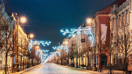 Vilnius, Lithuania. Gediminas Avenue Or Gedimino Street In Evening Christmas Xmas New Year Illuminations