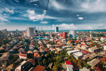 Batumi, Adjara, Georgia. Aerial Lift Cableway In Sunny Summer Day. Pendant Road