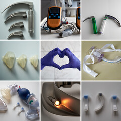 Anesthesiology collage including: laryngoscope, pulse oximeter, anesthesia masks, tracheotomy tube, Ambu bag. Vertical frame.