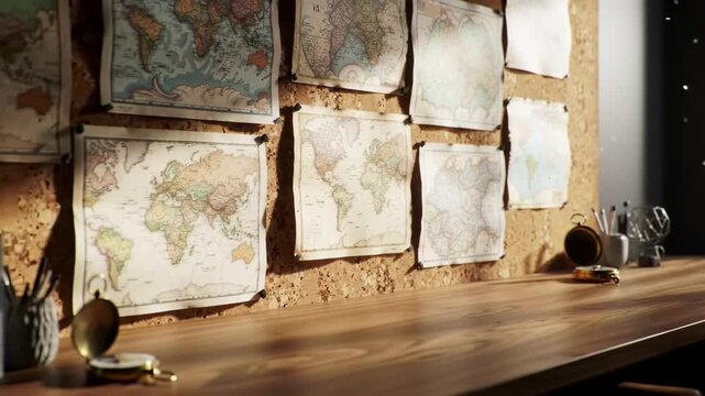 Vintage world maps pinned to corkboard above desk with compass and window light, travel concept, planning, desk.