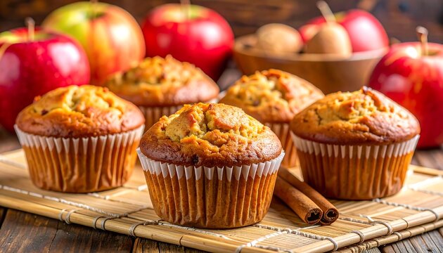 A close-up captures a baked muffin arrangement with ripe apples in the background. Cinnamon sticks add detail to this warm composition