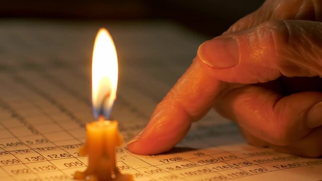 Candle light illuminating financial data sheet, conceptual for accounting, data analysis, finance, business, dark, candlelight.