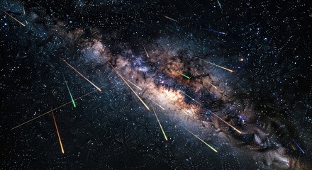 Spectacular meteor shower illuminating the milky way in the night sky