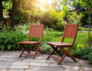 Two wooden folding chairs in a sunny garden