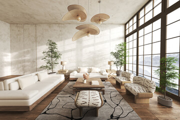 Modern natural living room with mountain view