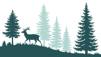Majestic Deer Roaming: Silhouette of Deer Amid Pine Trees in a Tranquil Forest Landscape