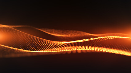 Abstract golden digital waves with light reflections on dark background. Orange cinematic intro. Shiny particle waves with soft bokeh effect. Technology, space, ai. 