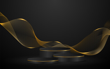 Multi-layered black podium with elegant gold wave lines on the back for product presentation. Display of cosmetic products. Stage or podium. vector illustration	
