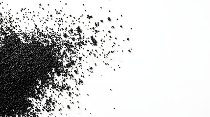Obraz premium Nigella seeds scattered haphazardly across a white background, creating an organic and natural appearance with their deep black color.