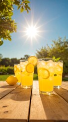 Four glasses of iced lemonade on a wooden table outdoors under a sunny sky