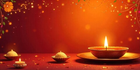 Traditional clay Diya oil lamp glows brightly, illuminating festive Indian sweets on a warm, shimmering red background for the Diwali celebration with copy space