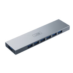 Silver usb c hub with multiple ports isolated on transparent background
