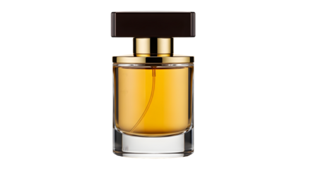 Elegant Perfume Bottle with Gold Accents Keywords: perfume, fragrance, bottle, glass, liquid