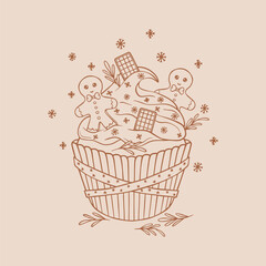 Winter sweet cupcake with holiday decorations, vector art