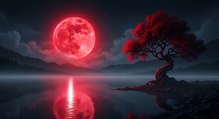 A captivating scene of a vibrant red moon mirrored in a tranquil lake, framed by a solitary tree against a backdrop of a starry night sky
