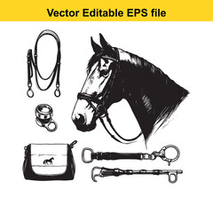 Vector art of collection of equestrian equipment including a horse head sketch, bridle, reins, bit, and a small saddle bag