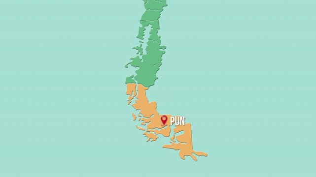 Mapa de Chile con divisi&oacute;n pol&iacute;tica resaltando la regi&oacute;n Magallanes y su capital Punta Arenas