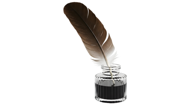 Feather Quill Pen in Inkwell on Black Background graphic