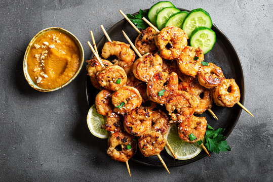 Grilled shimp prawn satay with peanut sauce