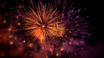 Fototapeta premium Golden sparkling pyrotechnics on dark midnight sky celebrating New Year