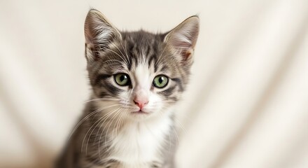 Obraz premium Closeup portrait of an adorable tabby kitten with green eyes, looking directly at the camera against a soft, neutral background creating a heartwarming scene