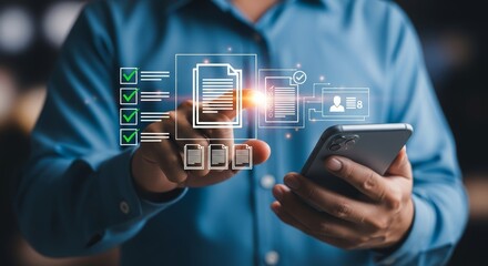 Mobile Task Management Interface — Person Using Smartphone with Digital Overlay of Verified Icons for Workflow, Data Organization, Productivity, and Technology Integration Concepts