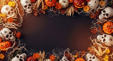 Halloween frame with skulls, pumpkins, and autumn leaves