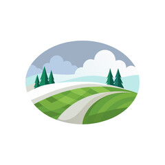 Obraz premium Whimsical snowy field landscape with green grass and evergreen trees under a cloudy sky