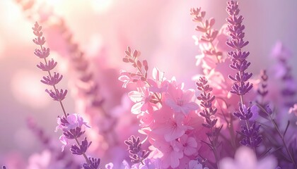 Obraz premium Delicate lavender and pink flowers are illuminated in soft, natural light, creating a dreamy and romantic atmosphere with blurred backgrounds, offering a soothing, beautiful, and floral display.