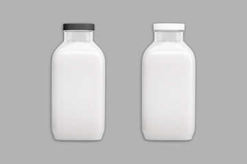Blank clear glass juice or dairy bottle  with lid mockup isolated on background. 3d rendering.