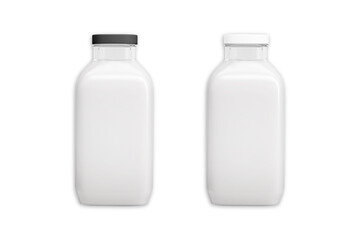Blank clear glass juice or dairy bottle  with lid mockup isolated on background. 3d rendering.
